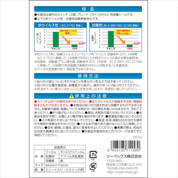 ＲＥＶＥＸ　キズ・汚れ防止、抗ウイルス抗菌シート　室内スイッチ用　２コ口タイプ　２枚入 TRUSCO
